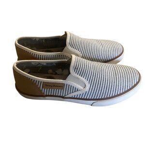 Tommy Bahama Womens Slip-On Shoes Striped Canvas & Faux Leather Beige/White Casu